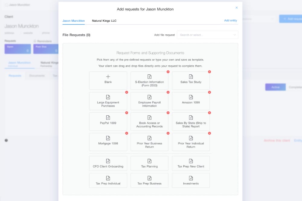 ECOM CPA client portal request list used to gather prior-year returns