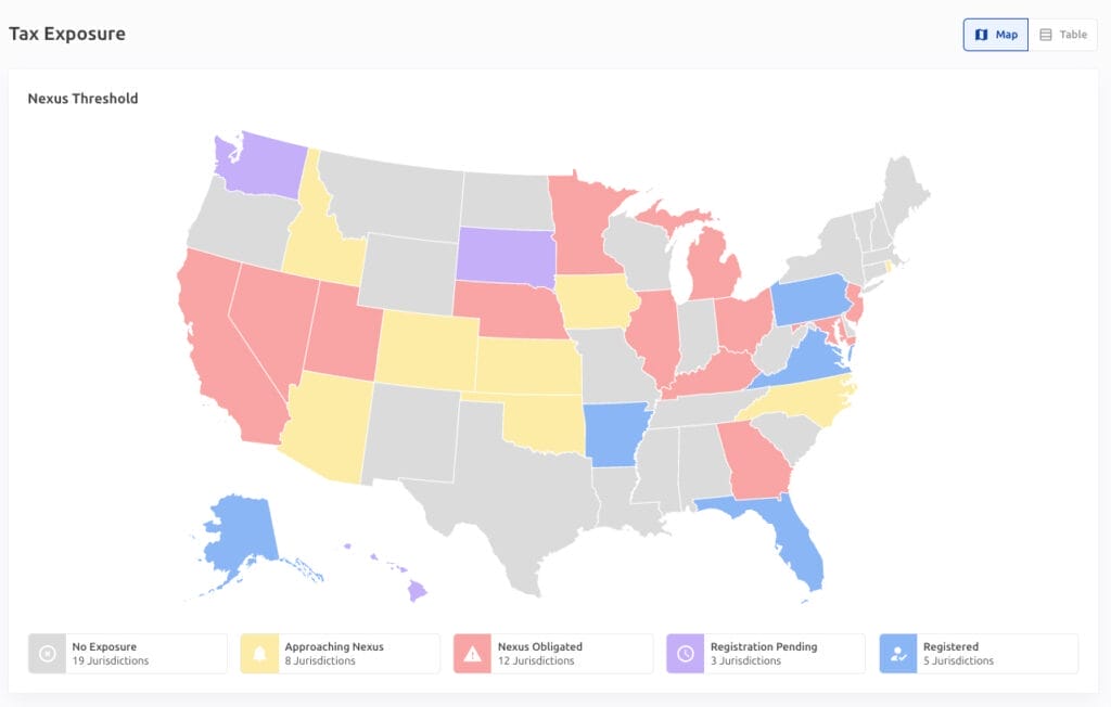 Sales tax platform US nexus map highlighting states where sales tax obligations exist